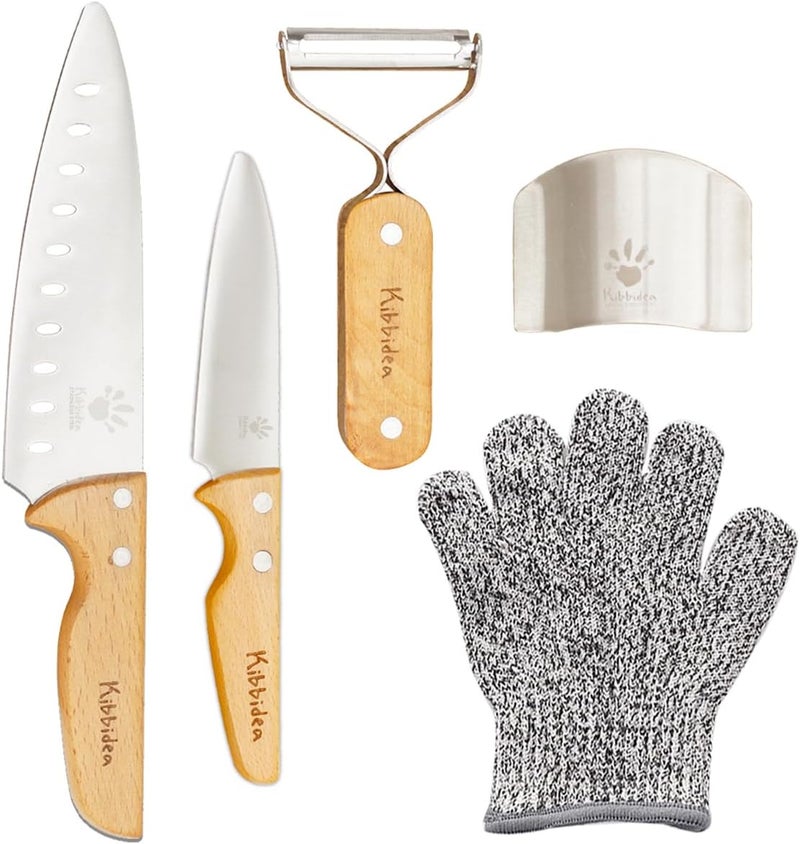 Kibbidea Kids Knife Set 4-Pieces, Stainless Steel, Wooden Handle Kids Knives for Real Cooking, Child Friendly Chef Knife for Cutting Chopping, BPA-free Kitchen Knives for Teenager 8-12 - Image 1